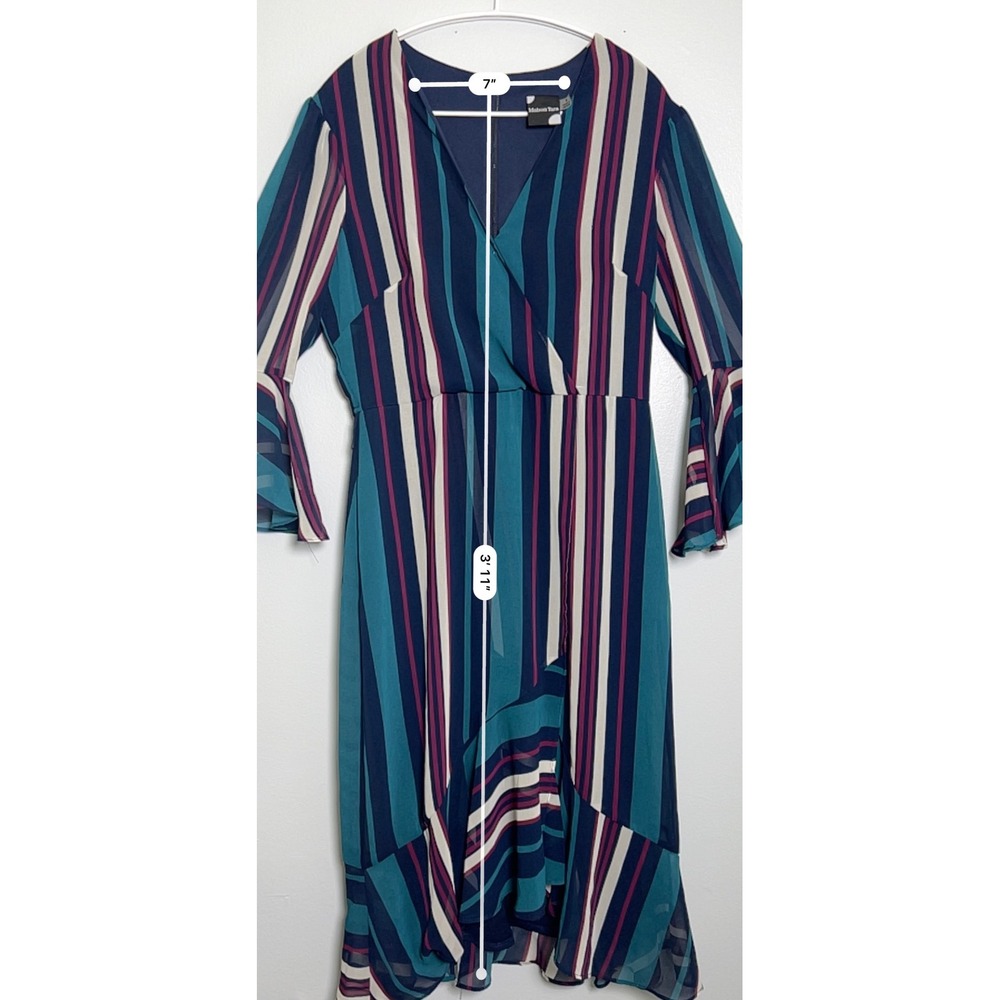 Maison Tara Womens Striped Faux Wrap Midi Dress Teal Navy Bell Sleeve Size 8 - Picture 3 of 11